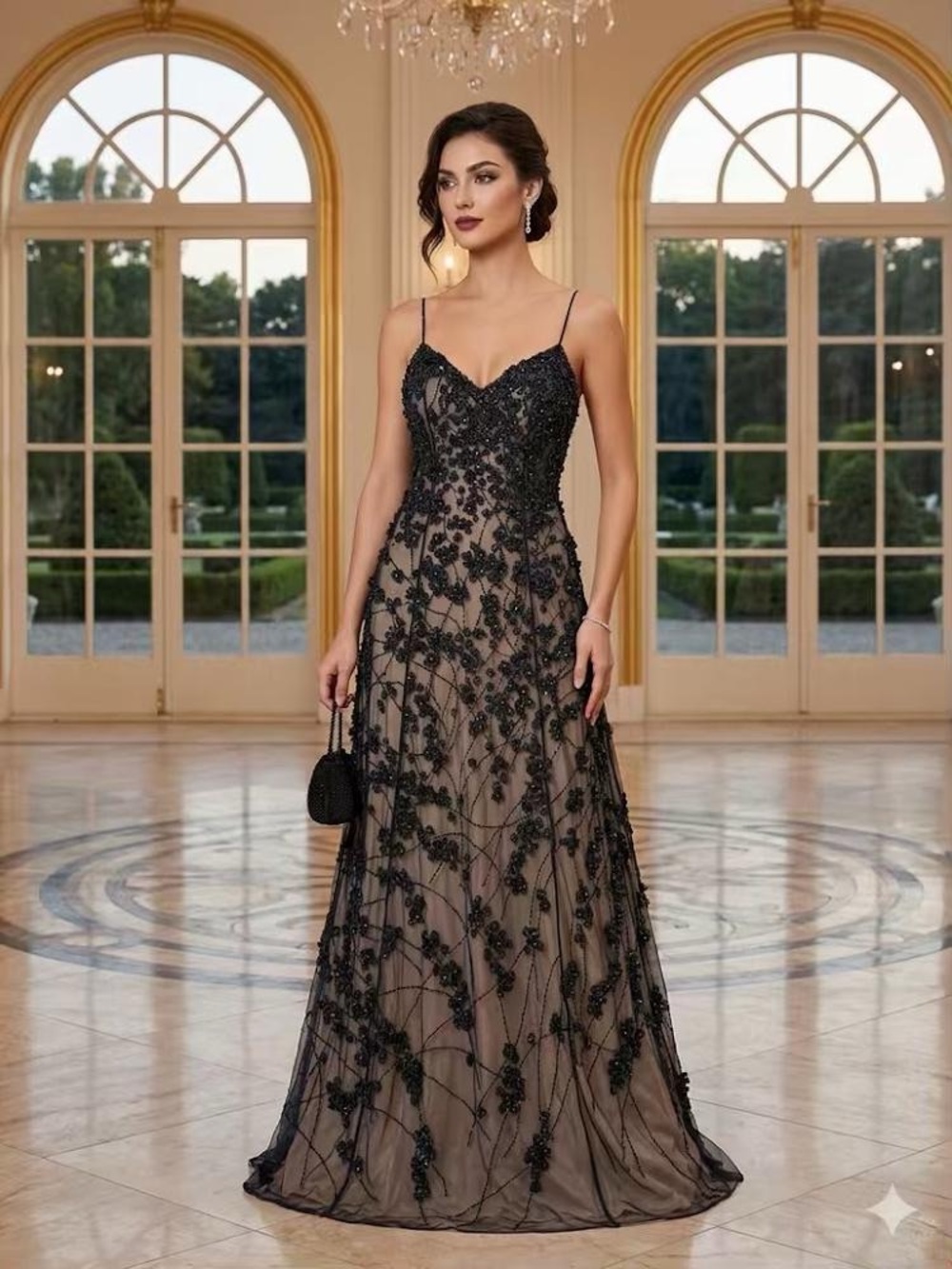 COLI COUTURE Black Flower Applique + Sequins Spaghetti-Strap Gown-Size 12